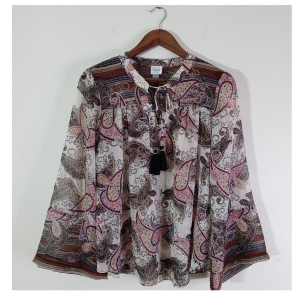 Cupio Boho Paisley Blouse Womens Size M Metallic Thread Tassel Tie Bell Sleeve